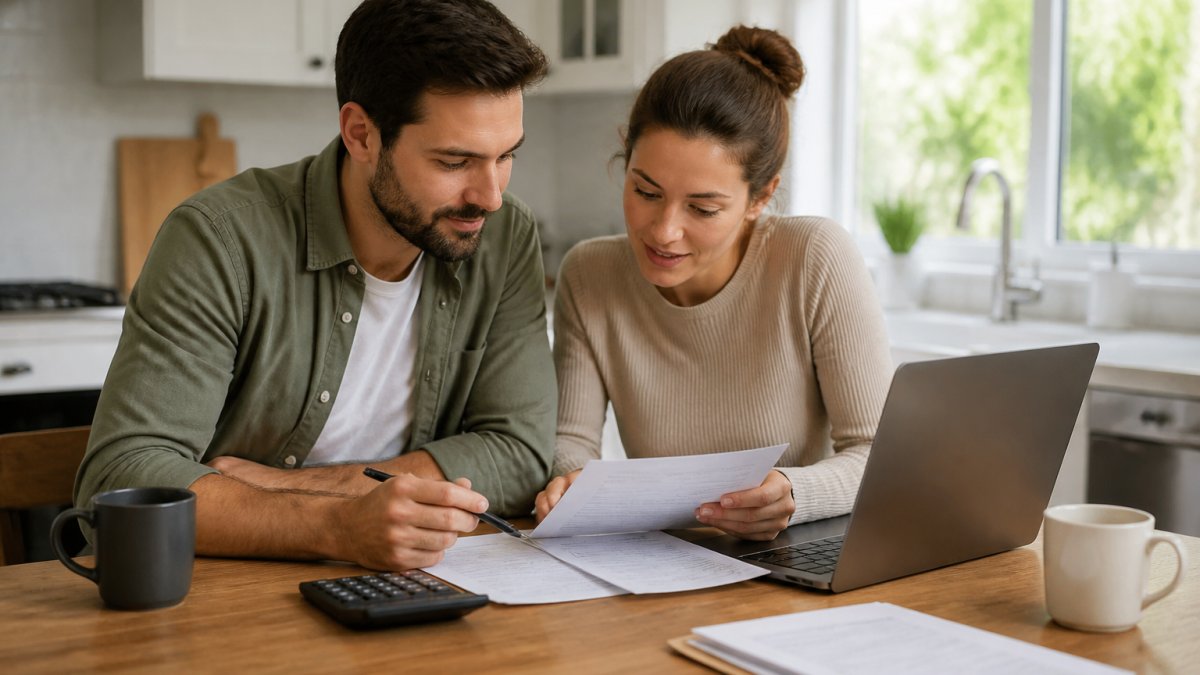 A young couple sitting at a kitchen table with a laptop, reviewing mortgage pre-approval documents, a calculator and coffee mugs nearby, warm natural light