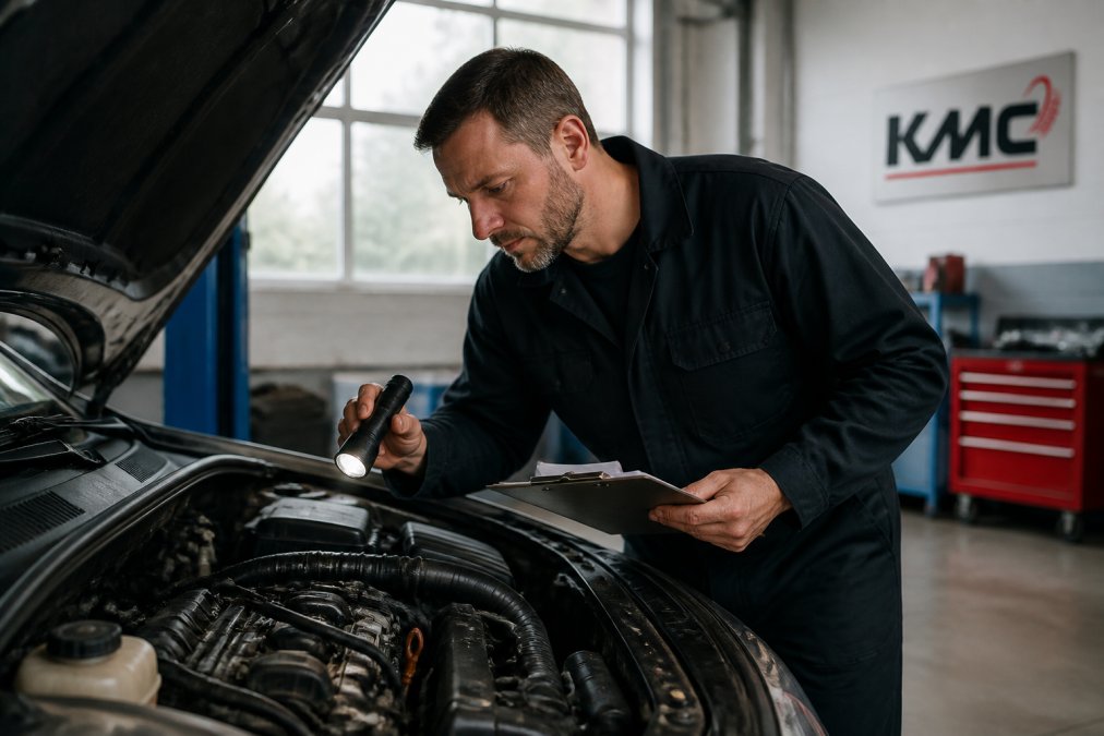 A mechanic in clean overalls inspecting the engine bay of a used car with a clipboard and torch, workshop setting with natural light