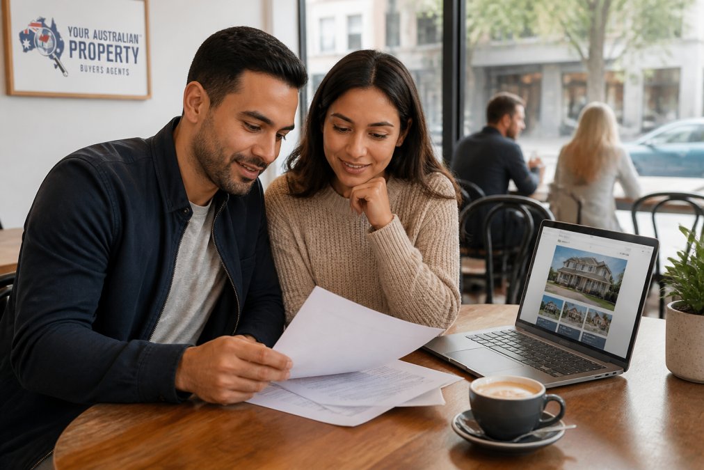 A young couple reviewing property documents together at a bright Melbourne cafe, with a laptop showing a real estate listing and a coffee on the table