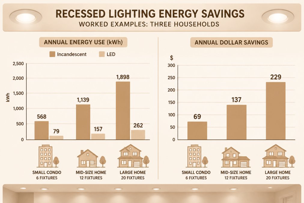 Bar chart comparing annual kWh and dollar recessed lighting energy savings across small, mid-size, and large households.