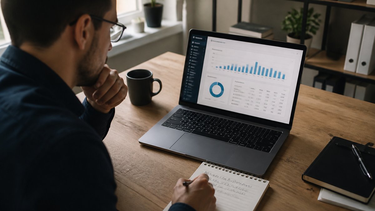 Business analyst reviewing an analytics dashboard to track and improve website conversion rate metrics