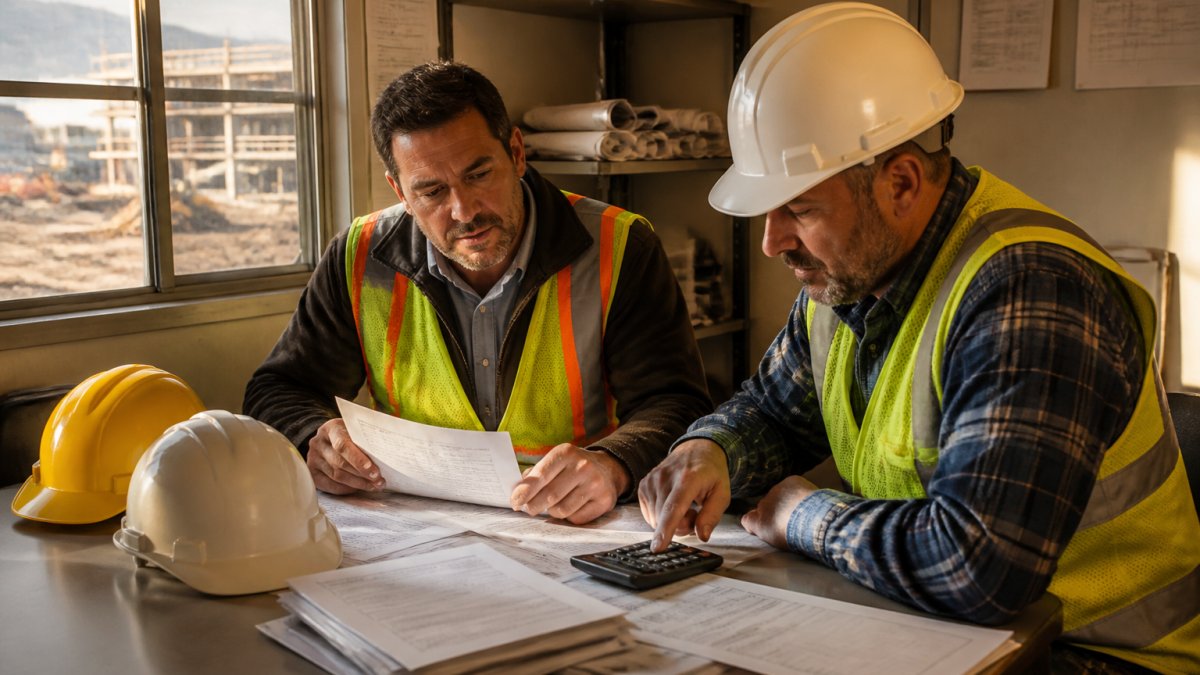 Construction manager and owner calculating experience modification rate using loss run data at a jobsite trailer