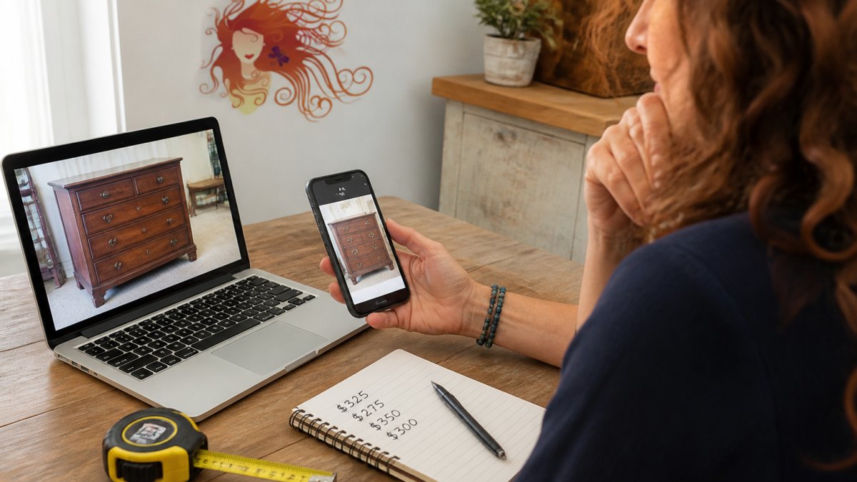 A person at a wooden desk comparing photos of a used dresser on a laptop and smartphone, with a measuring tape and notepad showing handwritten prices beside them