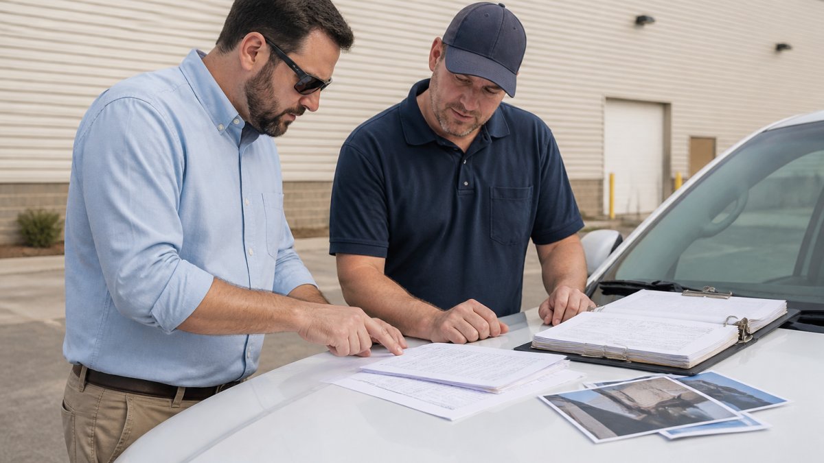 Property manager and contractor reviewing maintenance records for commercial roof improvements on a truck hood