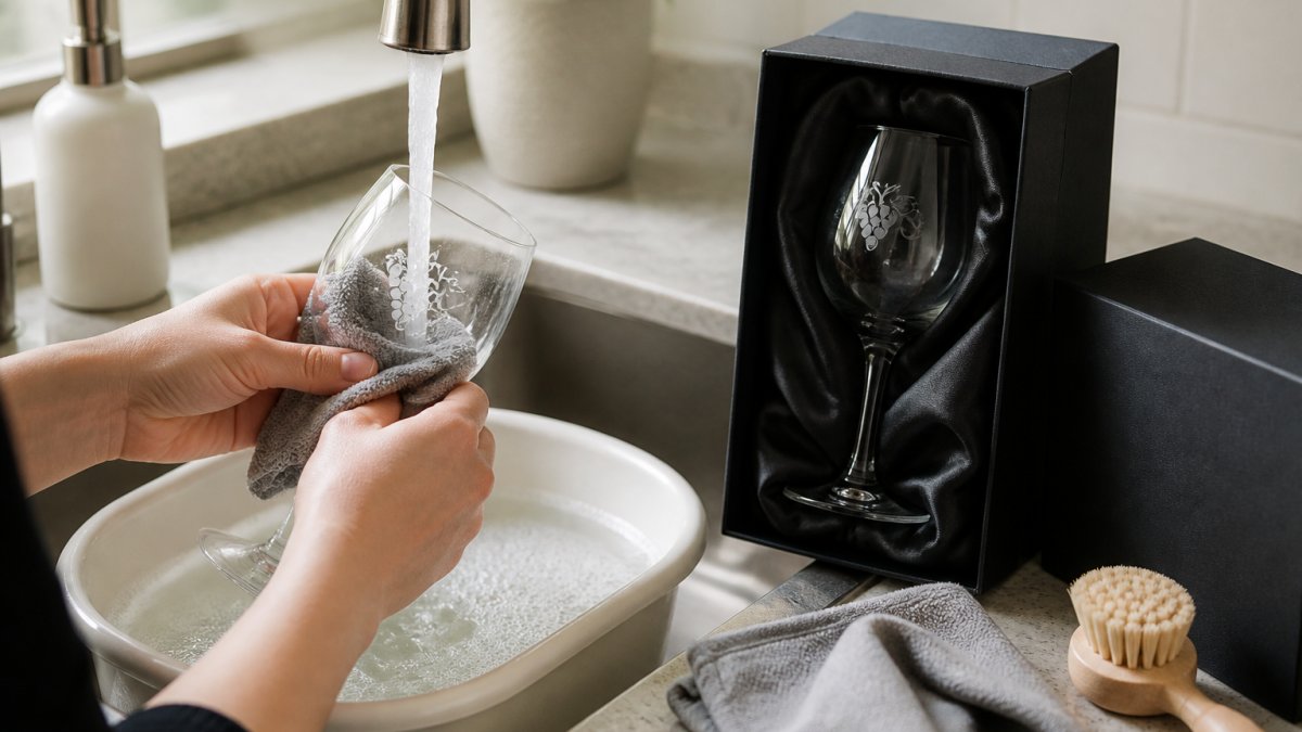 Close-up of hands gently washing a printed wine glass under warm running water with a soft microfibre cloth and mild soap, natural kitchen lighting