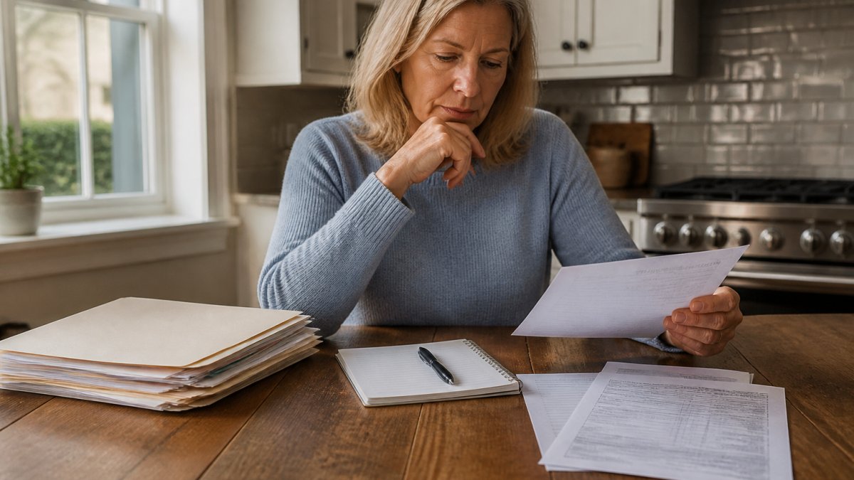 A person at a kitchen table reviewing medical records, a will document, and a notepad with a pen, soft daylight from a window, calm and focused mood