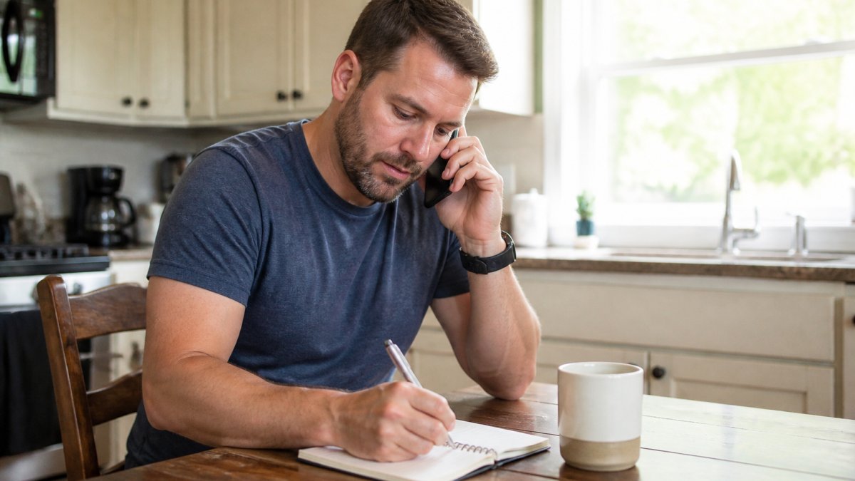 A homeowner sitting at a kitchen table with a notepad and pen, phone to ear, taking notes during a reference call about a handyman's past repair work, soft afternoon light through the window