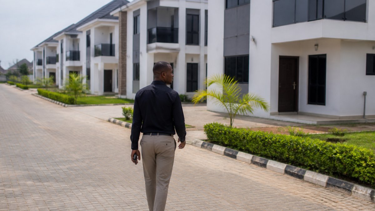 Investor inspecting building quality at a residential site to check property developer credibility in Nigeria