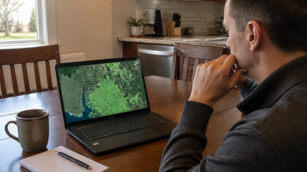 Homeowner using a coverage map on a laptop to check satellite internet availability at a kitchen table.