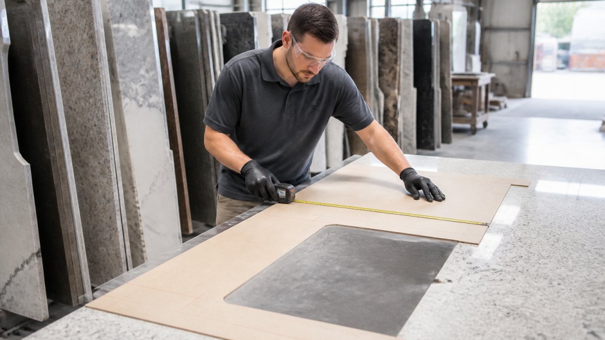 A countertop fabricator uses digital tools to measure a kitchen template in a workshop with granite slabs.