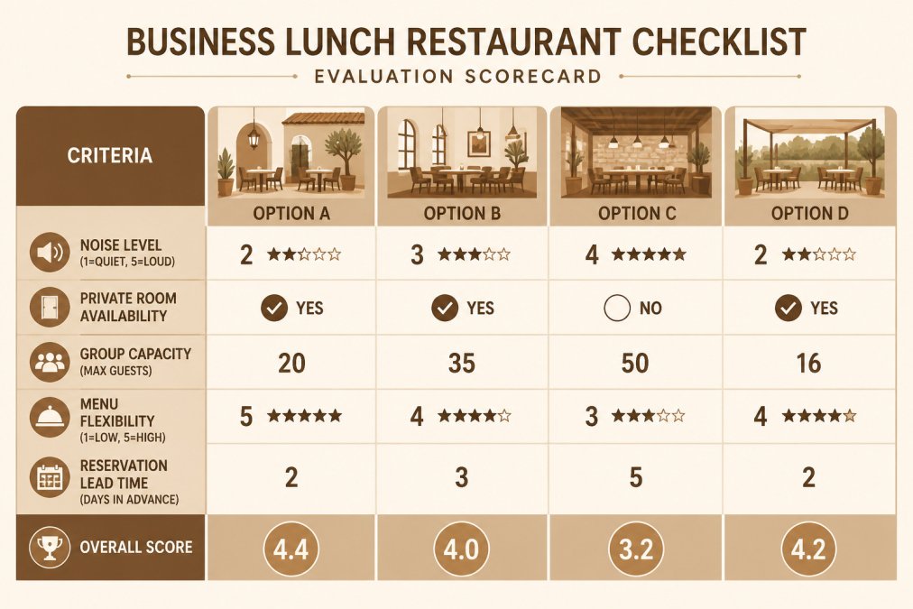 Evaluation matrix for comparing Mediterranean restaurant business meetings based on amenities and capacity