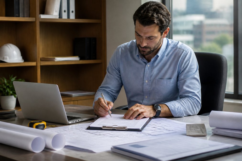 Professional structural engineer reviewing building documentation and blueprints at a desk with laptop, clipboard, and inspection reports visible in modern office setting