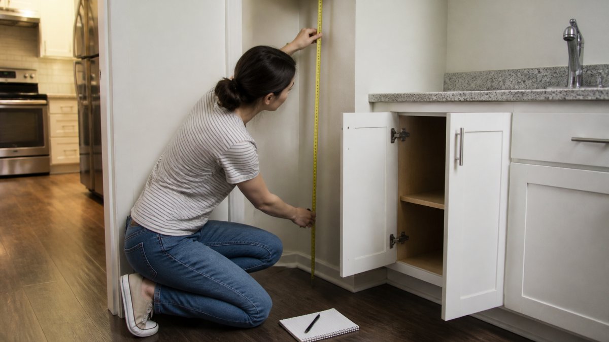 Person measuring a narrow kitchen alcove to ensure a small apartment refrigerator fits perfectly