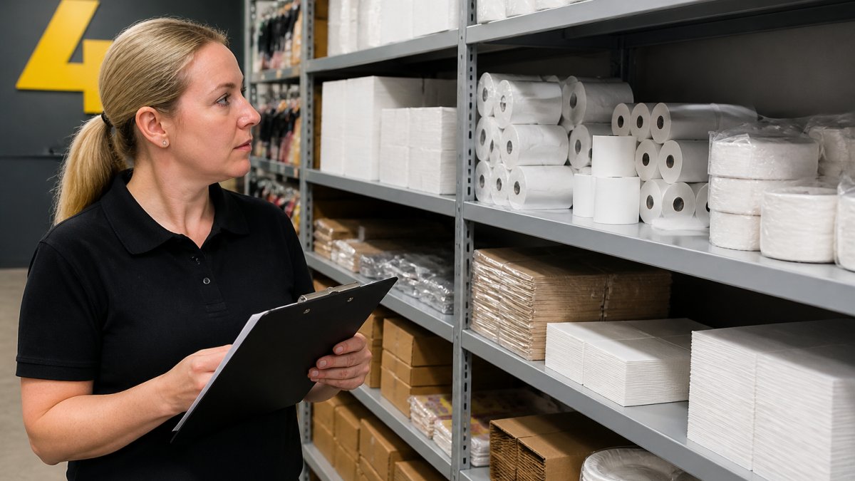 Retail manager reviewing inventory on shelves, checking stock levels of till rolls and packaging supplies in bright shop setting