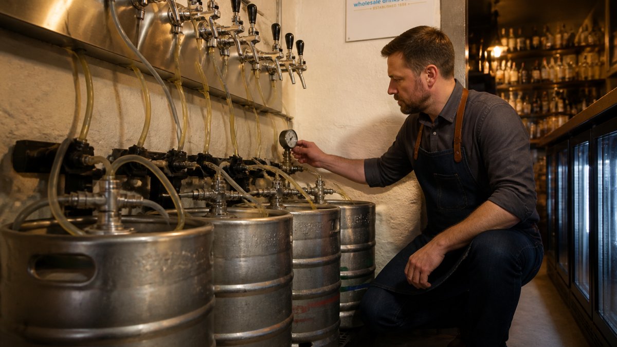 Bar manager checking the temperature of cider kegs in a pub cellar