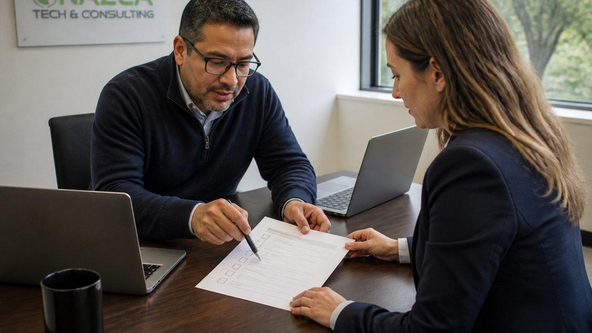 Business owner and consultant reviewing a managed IT services checklist at a conference table