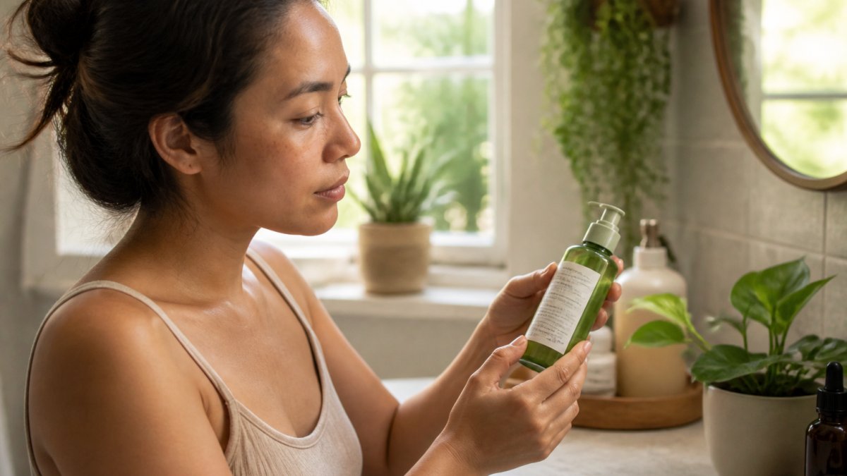 Close-up of a person's hands holding an organic skincare bottle turned to show the ingredient list, in a bright bathroom with natural light