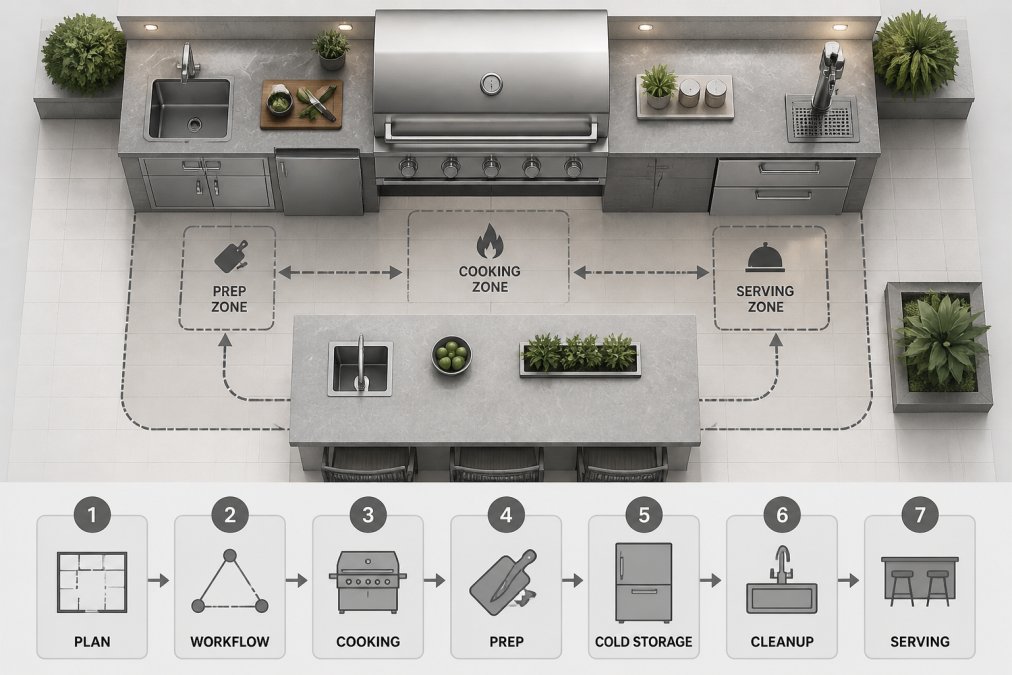 Diagram showing efficient workflow zones for luxury outdoor kitchen appliances and countertops