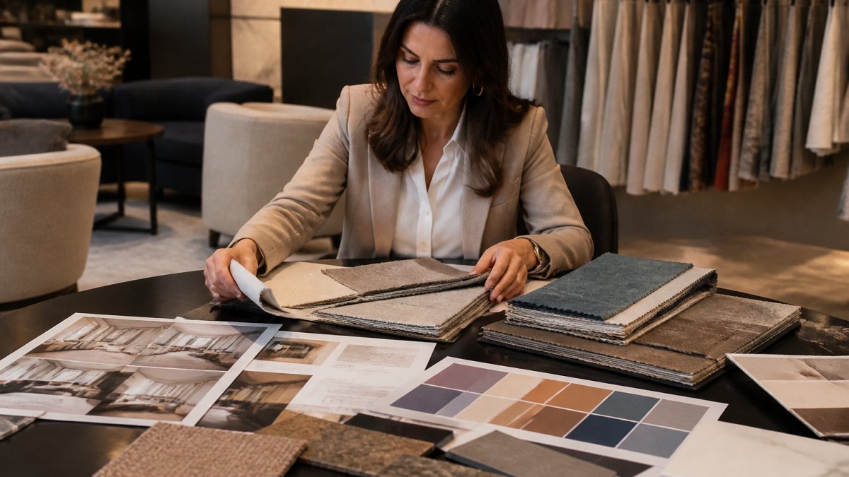 Professional interior designer reviewing fabric swatches and design samples at a luxury showroom table, with mood boards and colour palettes visible