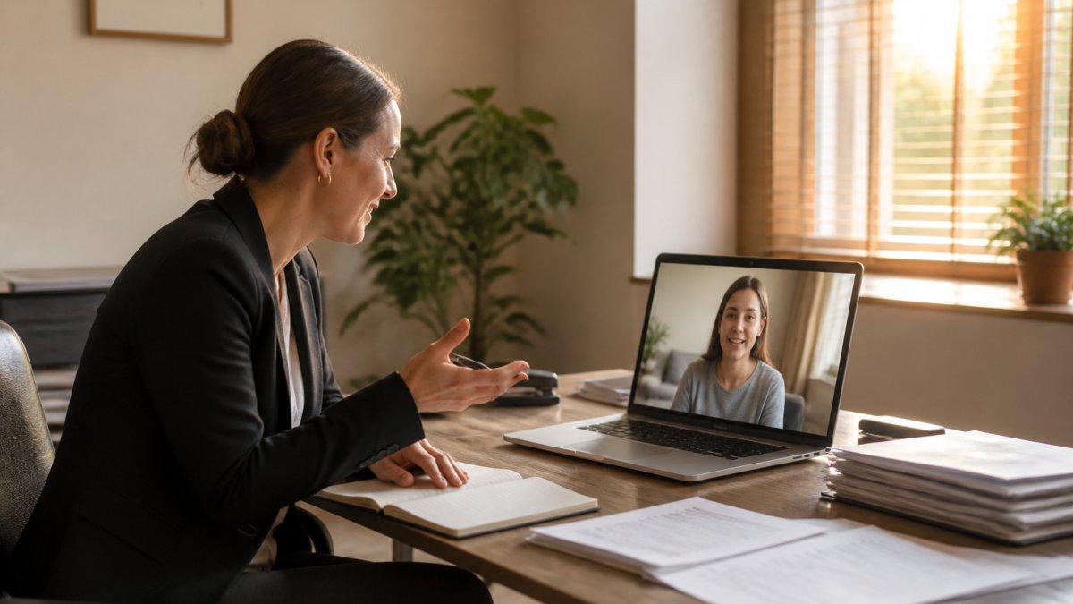 Professional conveyancer in modern office having video call with client, documents and notepad visible on desk, natural window lighting