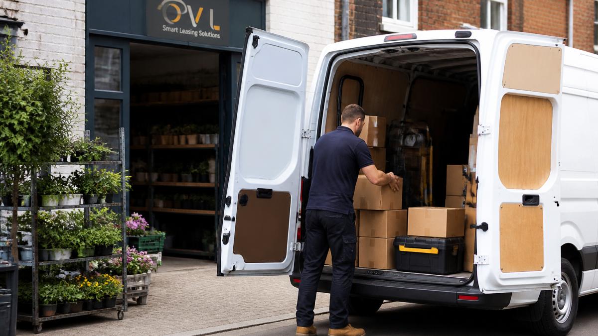 Delivery van parked outside a small business premises with the driver loading parcels and equipment into the cargo area, natural daylight, practical working environment