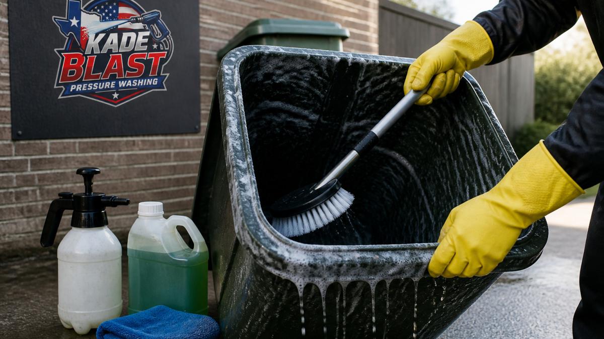 Hands in yellow rubber gloves using a long-handled brush for outdoor garbage can cleaning with soapy water.