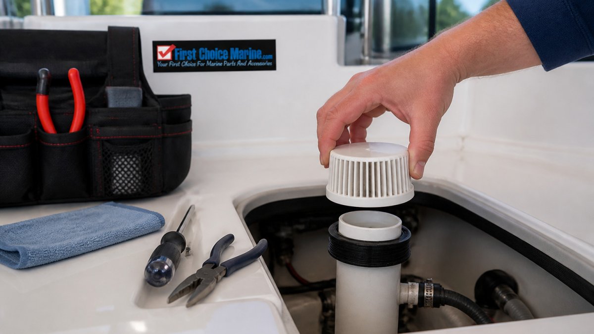 A hand lifting a snap-on bilge pump strainer straight off its base for cleaning