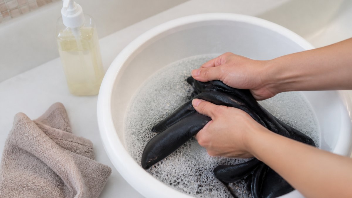Hands gently hand-washing a dark stretch fabric boot sleeve in a basin of soapy water on a bathroom counter.