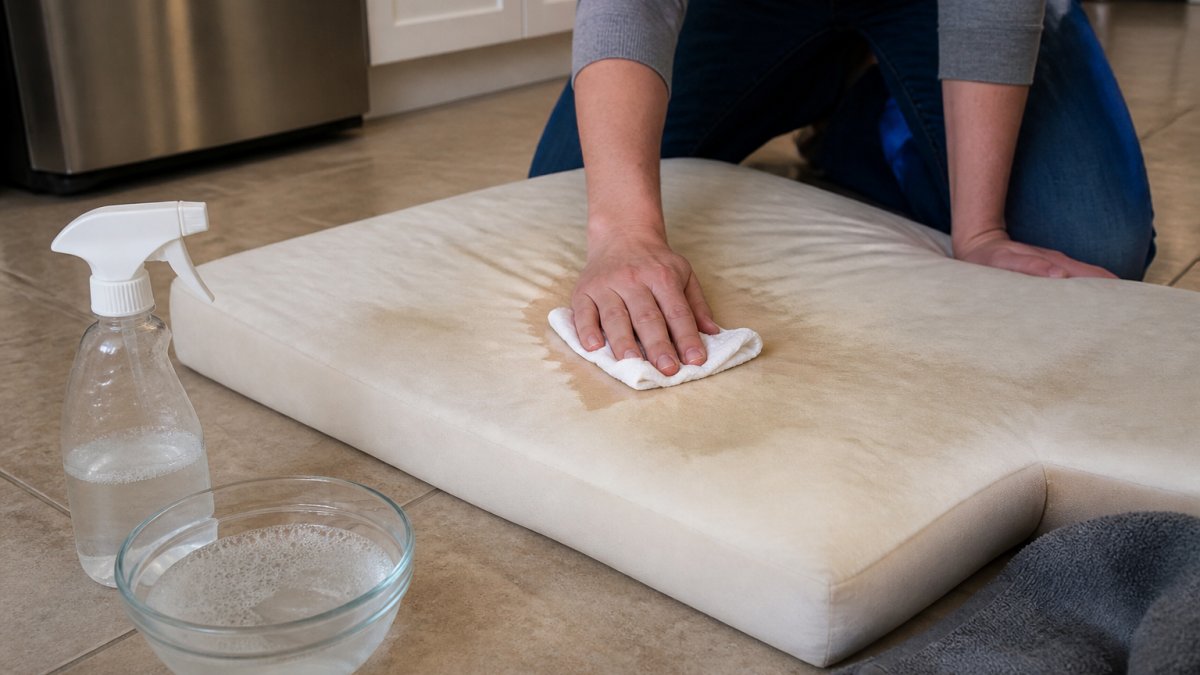 Hands using a damp cloth to spot-clean a foam dog bed insert on a kitchen floor with cleaning supplies nearby.