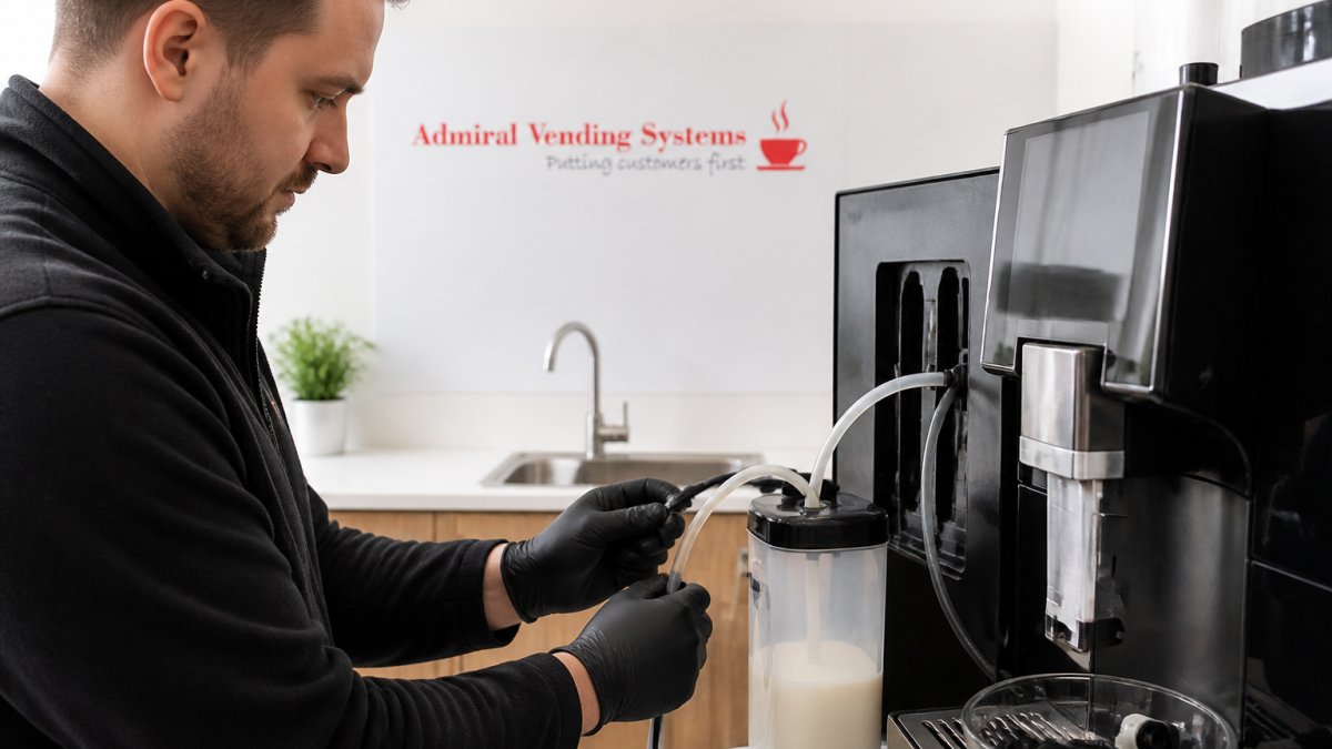 Professional demonstrating the technique to clean office coffee machines in a bright modern clinical setting