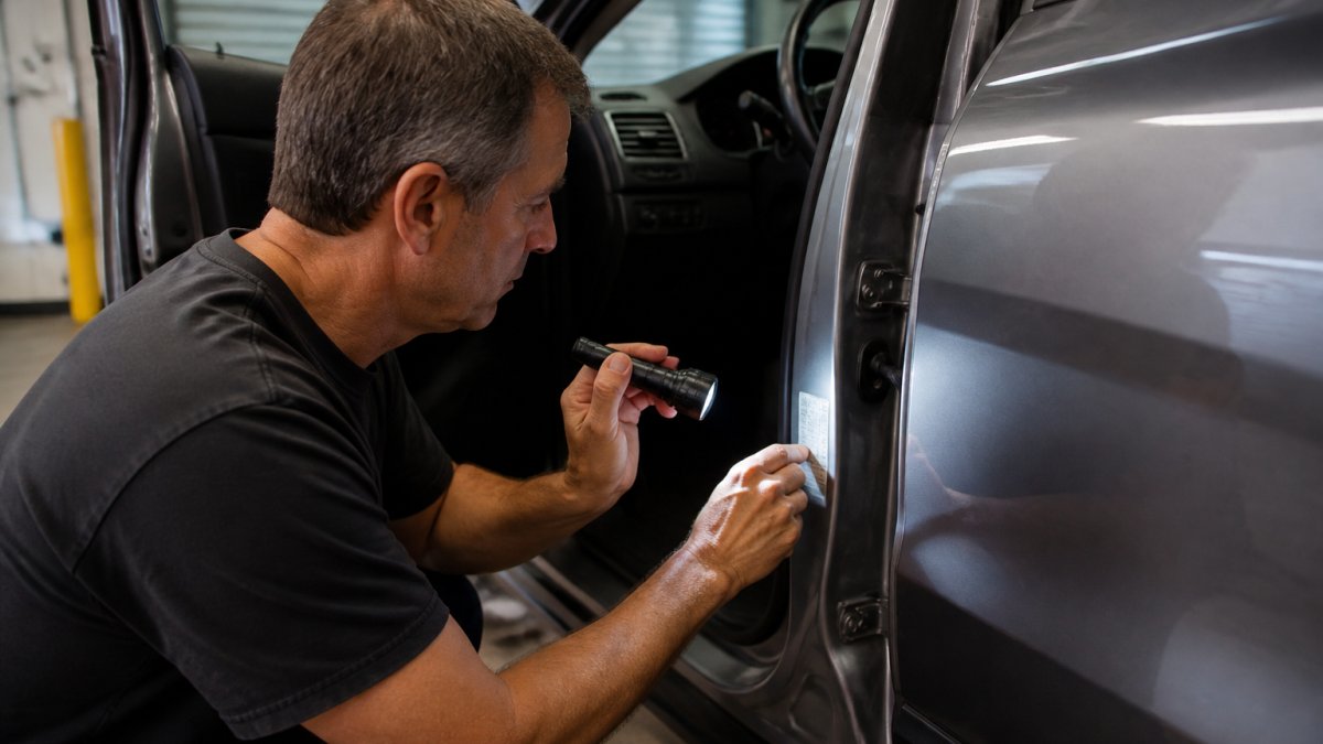 Person using a flashlight to locate the factory paint code sticker on a car door jamb for color matching paint.