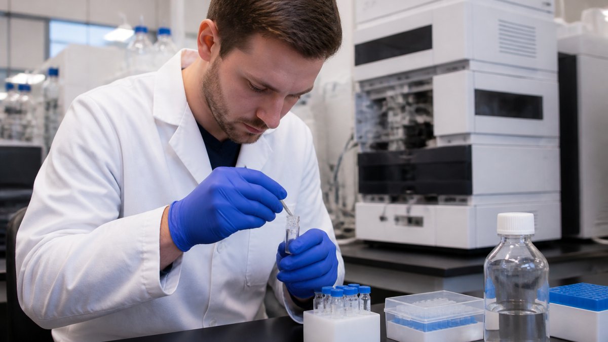 Professional laboratory technician carefully preparing a peptide sample in a small glass vial under bright overhead lighting, with HPLC equipment and analytical instruments visible in the background of a modern research laboratory