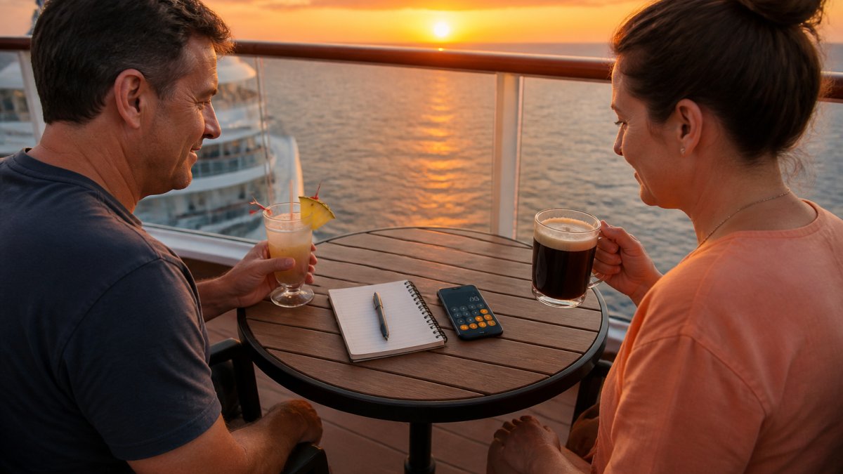 Couple using a calculator app to analyze costs for cruise drink packages on a cruise ship balcony.