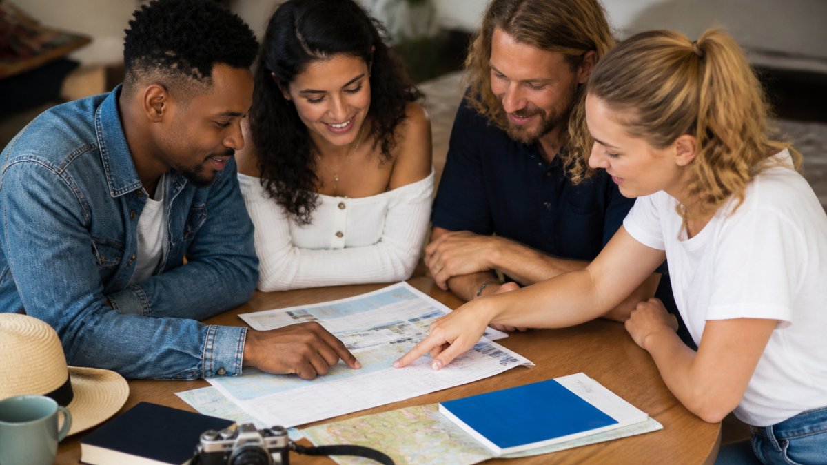 A group of friends sitting around a table with a laptop and printed itinerary, pointing at flight times and hotel details together