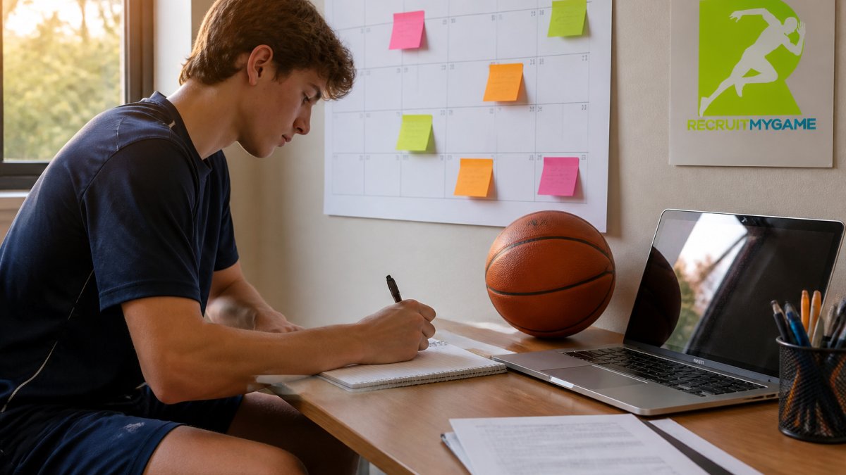 A high school student-athlete in athletic gear sitting at a desk with a notebook and laptop, writing out a recruiting timeline on a wall calendar, warm afternoon light coming through a window