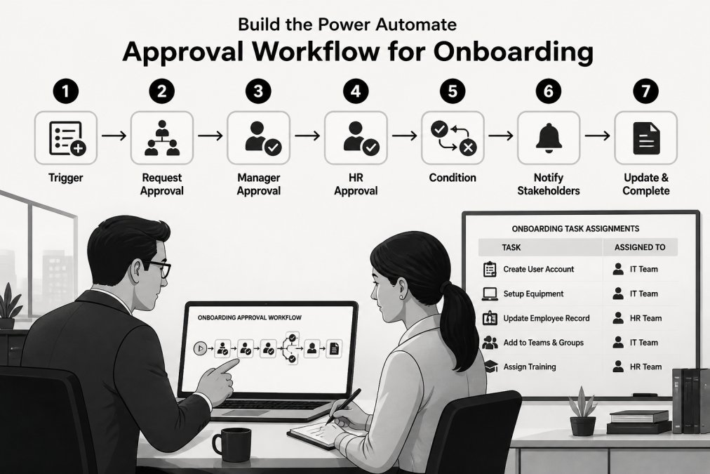 An IT manager and HR specialist reviewing an onboarding workflow on a laptop screen in a modern office, with a whiteboard showing task assignments in the background