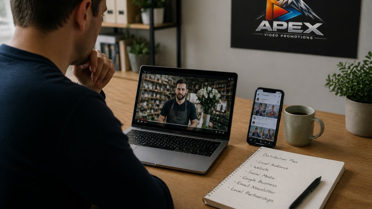 A small business owner at a desk reviewing a promotional video on a laptop, with a smartphone showing a social media feed beside it and a notebook of channel notes nearby