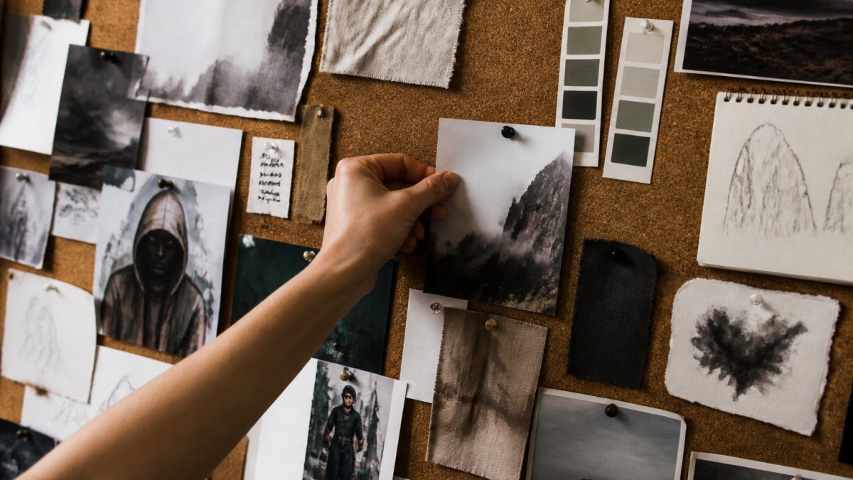 A hand pins a reference photo to a cork board filled with paint swatches, magazine clippings, and handwritten notes.