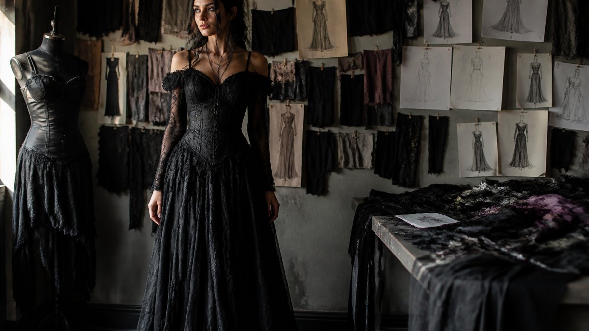 Person wearing a custom made alternative fashion gothic dress in a design studio with sketches on the wall