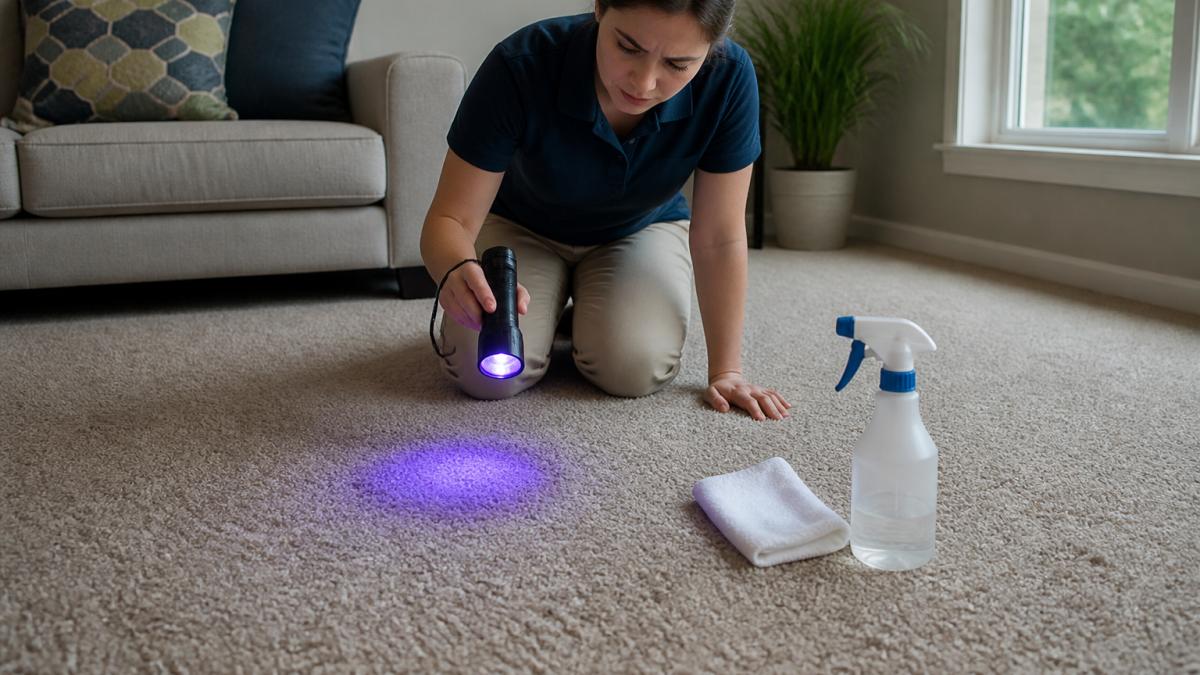 Person using a handheld UV light to locate pet urine stains on a carpeted living room floor