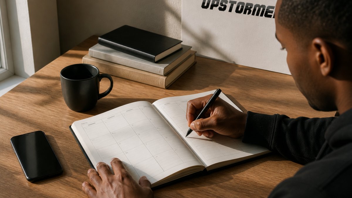 Person writing a weekly schedule in a paper planner at a wooden desk with a coffee mug and books