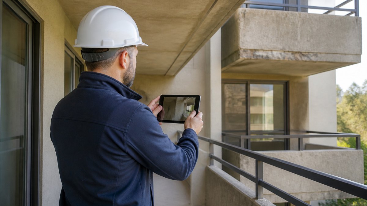 Professional documenting a balcony inspection for SB 326 compliance in a bright office setting