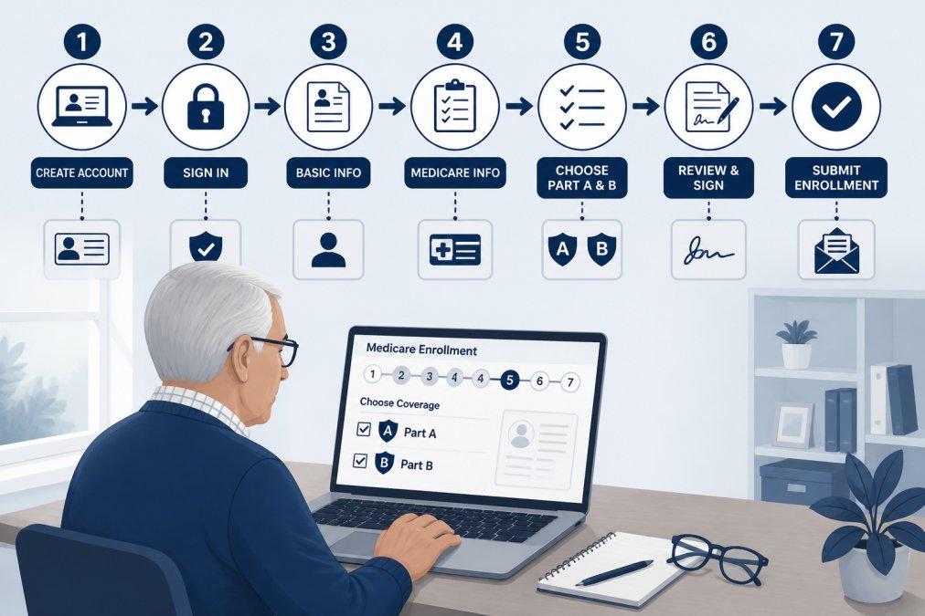 Senior adult at home on a laptop, navigating the Medicare.gov website with a notepad and reading glasses nearby, showing the enrollment process in action with natural window lighting