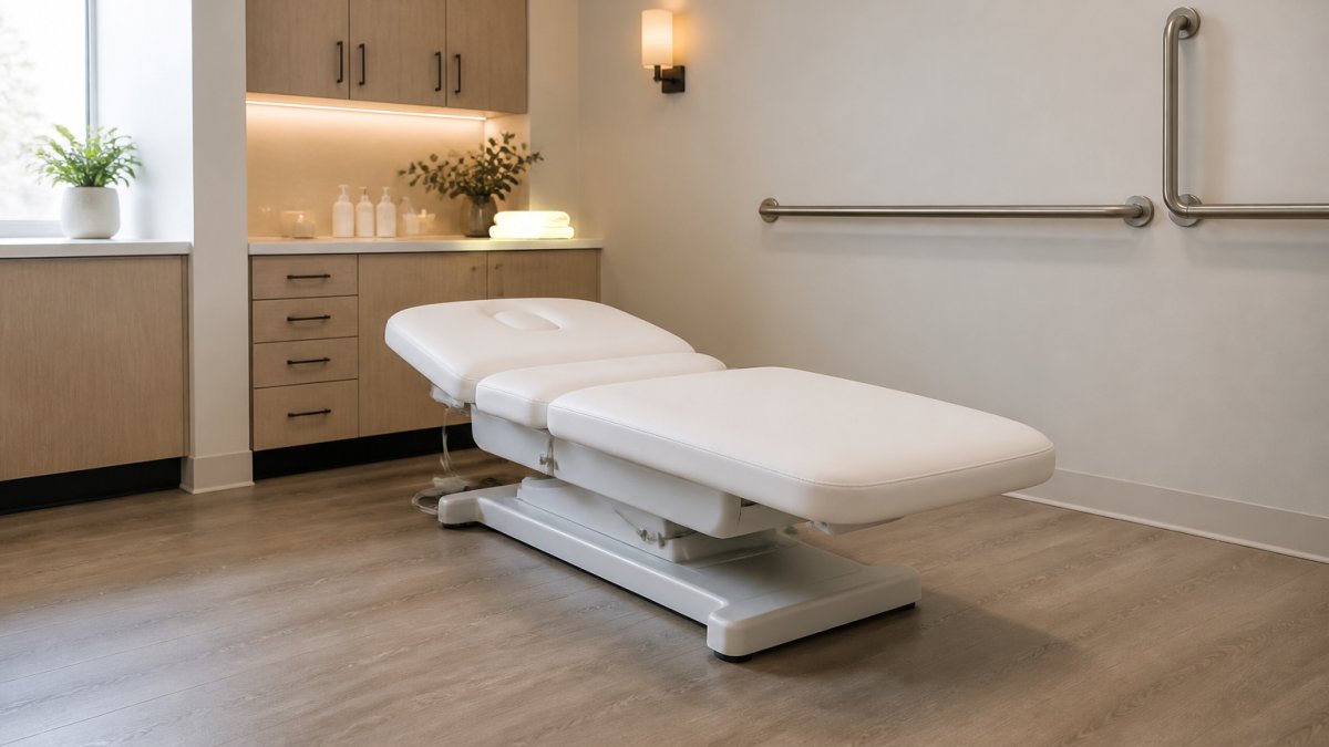 Diagram showing floor space requirements and grab bar placement for an accessible electric spa treatment table.