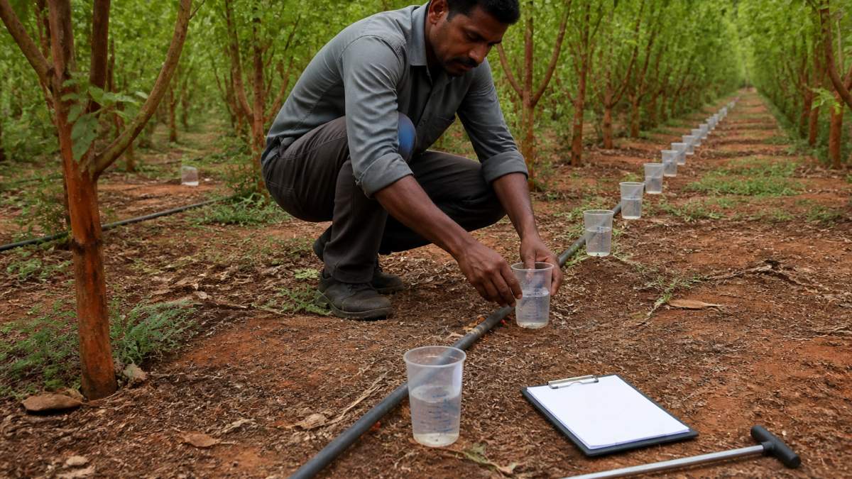 Worker placing catch cans along a drip irrigation line to test water uniformity in an orchard row