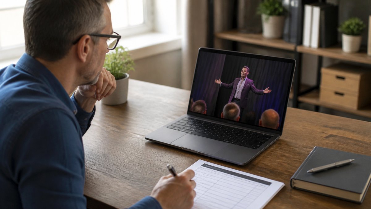 Event planner using a laptop to evaluate performer videos while noting scores on a printed rubric sheet