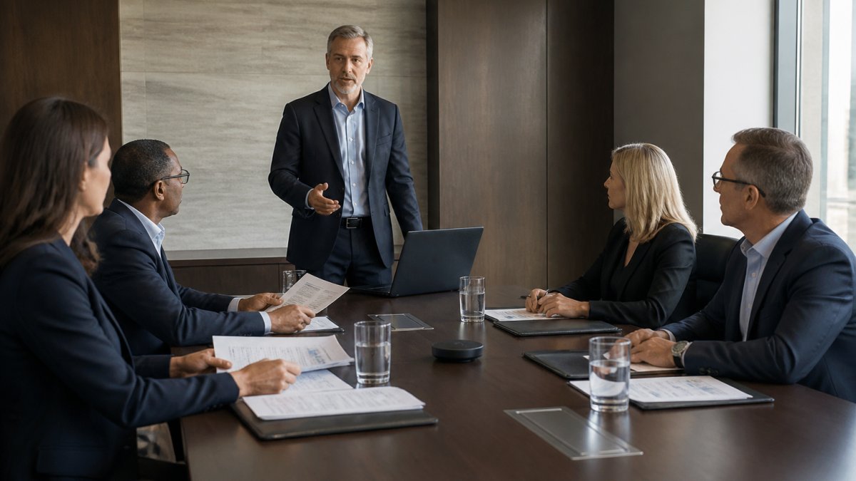 A CISO standing at the head of a boardroom table presenting a single slide to a small group of directors, laptop open, printed handouts in front of seated executives