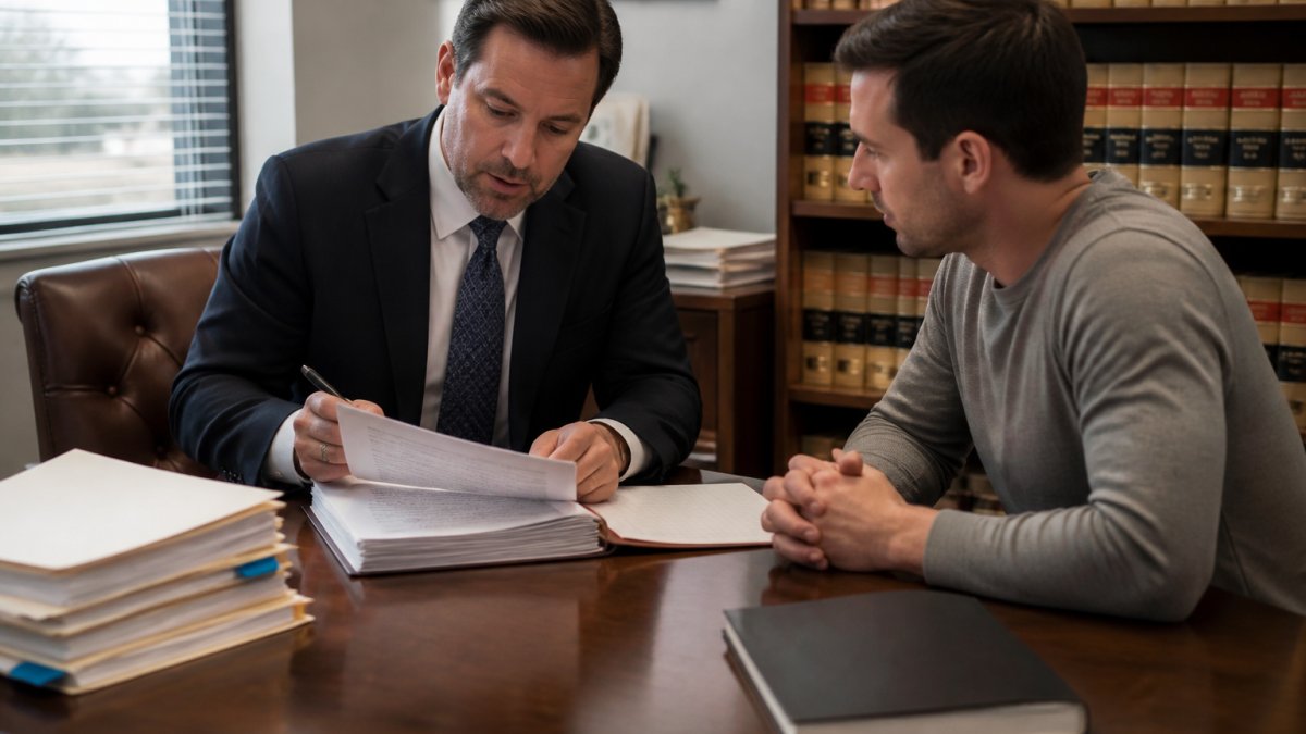 Criminal defense attorney reviewing expungement petition documents and court filings at desk with client consultation in modern law office