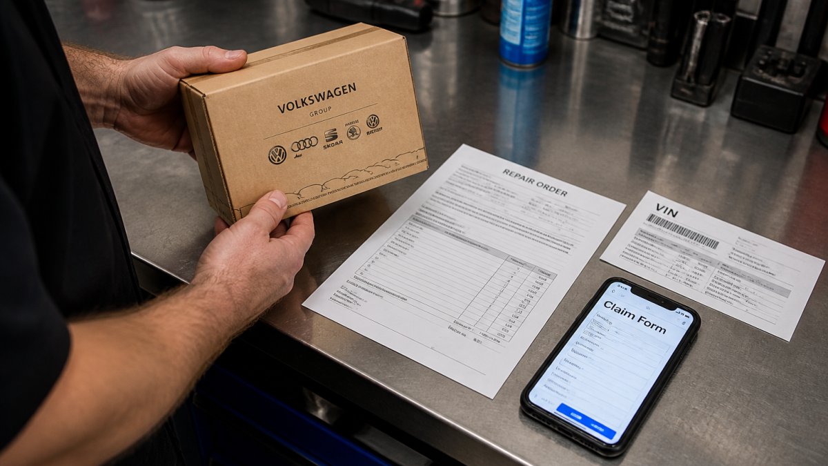 A person at a workbench holding a Volkswagen OEM part box, with a repair order, VIN printout, and smartphone showing a claim form laid out beside the part
