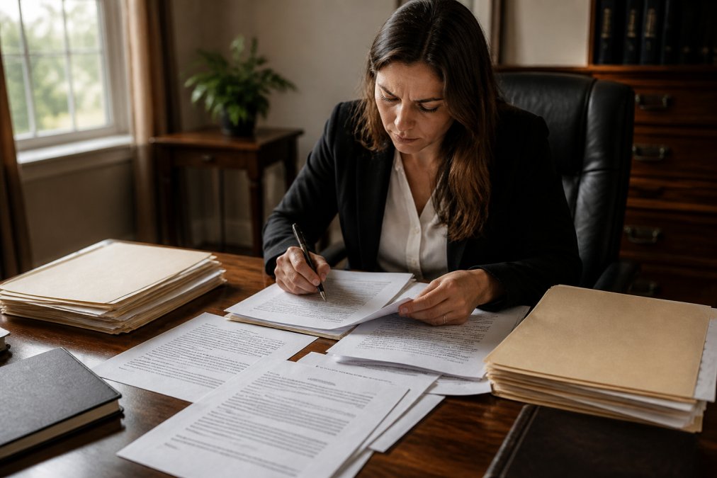 Person at desk reviewing divorce complaint documents with pen in hand, multiple folders and legal papers spread across wooden surface in natural office lighting